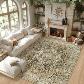 Area Rug Living Room Carpets: 9x12 Large Machine Washable Rug Boho Vintage Medallion Soft Thin Rug Indoor Floor Anti Slip No Shedding Carpet for Bedroom Dining Farmhouse Nursery Home Office-Brown