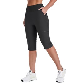 Emlovm Women's Golf Capri Pants with Zipper Pockets Below The Knee Shorts Lightweight Long Hiking Shorts Knee Length, Black, XX-Large