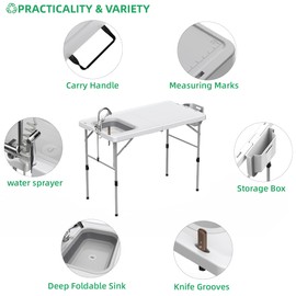 Allpop Fold-in-Half Fish Cleaning Table with Sink & Carrying Bag, 50'' Portable Folding Camping Fish Station with Drainage Hose, Faucet, Sprayer, Storage Box & Grooves for Picnic, White