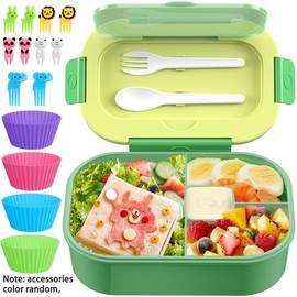 Kid's lunchbox with 4 compartments for girls and boys with cutlery, muffin liners, microwave, dishwasher and fridge safe - Color: Green