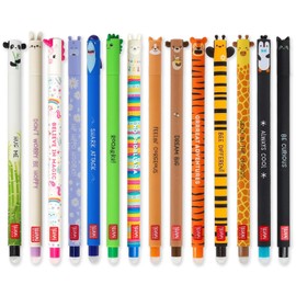 LEGAMI Set of 14 Erasable Gel Pens with Thermosensitive Eraser Ink, Assorted Ink Colours and Barrel Designs, 0.7mm Tip, Animal Designs, Panda, Rabbit, Unicorn etc