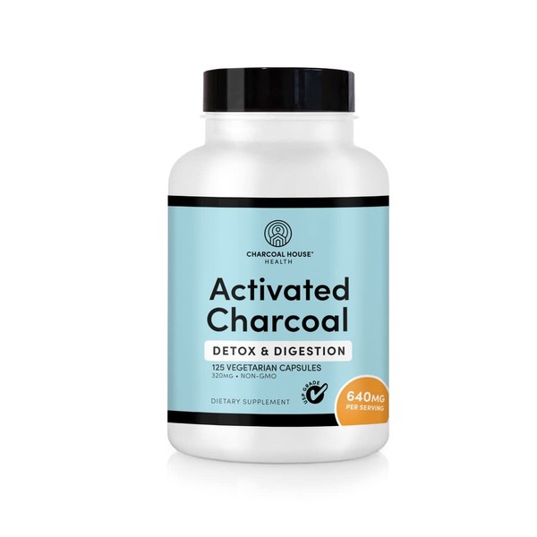 Charcoal House Activated Charcoal Capsules for Adults | Natural, Vegan, Non-GMO & Gluten Free | USP Charcoal Pills for Stomach Cleanse, Healthy Digestion, Gas & Nausea | USP Medical Grade | 125 ct.