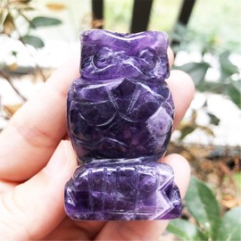 Ladeukoi Natural Gemstone Vigilant Owl Bird Statue, Hand Carved Healing Crystal Animal Figurines Bag Stone Decoration 2 Inches, Amethyst