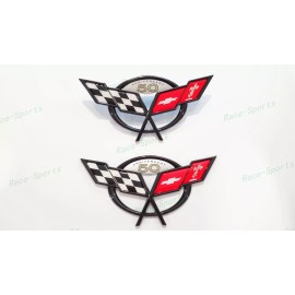 AUTO 2PCS Black Front Rear 50Th Anniversary Cross Flags Emblems 1997-2004 C5 Corvette