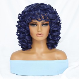 Short Loose Curly Wigs with Bangs for Black Women Dark Blue Big Curly Wigs for Black Women Synthetic Heat Resistant Fluffy Afro Wigs Big Curly Wig for Black Women 250g (14 Inch, BLUE)