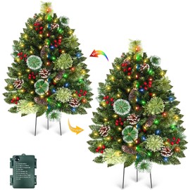 2 Pack 33" Christmas Tree Outdoor Urn Filler, 50 Warm & Colorful Lights 8 Modes Timer 220 Mixed Pine Branch Tips Pinecones Red Berries Tripod Stakes, Planter Fillers Decoration for Porch Yard Pathway