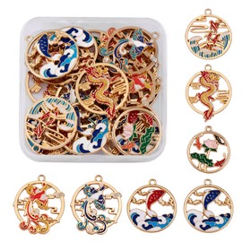 COGCHARGER 28 Pieces Round Shape Enamel Charm Deer Fish Charms Phoenix Animal Pendant Light Gold for Jewelry Necklace Bracelet Making Crafts