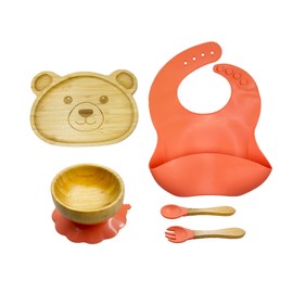 Set de Alimentación para Bebé, Vajilla para Bebé en Bambú y Silicona, Set con Platos, Cubiertos y Babero para Bebé (Oso)                              