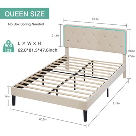 VECELO Upholstered Queen Bed Frame with Headboard Adjustable, Velvet Platform Bed with LED Lights, Charging Station, Mattress Foundation with Wooden Slats, Noise Free, No Box Spring Needed, Beige