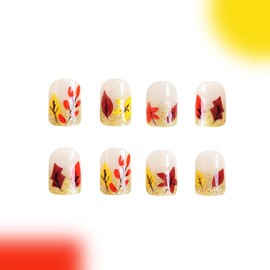 Thanksgiving Press on Nails Short Square Colorful Maple Leaves False Nails with Gold Glitter Powder Design French Acrylic Nails Fall Full Cover Glossy Coffin Nails Reusable Glue on Nails for Women
