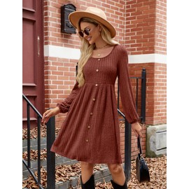 JUSTFASHIONNOW Womens Knit Dress Long Sleeve Knee Length Dresses Button Fall Dress with Pockets Trendy 2024-Caramel-L