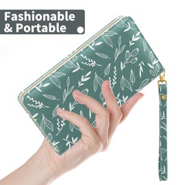 Nipichsha Womens Wallet, RFID Wristlet Wallet for Women, Cute Ladies Purse, Large Credit Card Clutch Purse, Leather Card Holder Wallets with Zipper & Phone Holder, Morandi Green Leaf