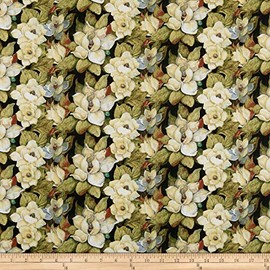 Susan Winget Iridescent Peacock Magnolia Black, Fabric by the Yard