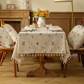 LOHUT Linen Embroidered Tablecloth – Vintage Daisy Design with Tassels, Boho & Modern Rectangular Tablecloth for Dining, Coffee, Round, or Picnic Tables, Home or Commercial Use, 54"X70"