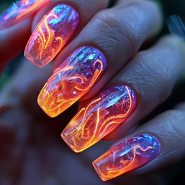 Press On Aurora Flame Stripe Red Blue Lightning Design Square False Nails - Artificial Full Cover Acrylic Coffin Reusable Glue on DIY Stick on Nails for Women - 24Pcs