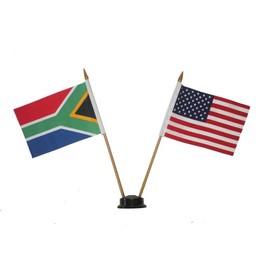 USA & SOUTH AFRICA Small 4 X 6 Inch Mini Double Country Stick Flag Banner with BLACK STAND on a 10 Inch Plastic Pole New