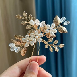 JUSTUSNX Gold/Silver Bride Wedding Headpiece Pearl Hair Pins Accessories Bridal Crystal Flower Hair Pieces for Women and Girls (A)