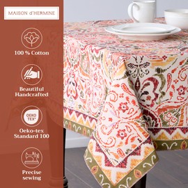 Maison d' Hermine Damask 100% Cotton Tablecloth, Decorative, Washable, for Mother's Day Gifts, Kitchen, Dining, Buffets, Camping, Spring/Summer (Square, 140 cm x 180 cm)