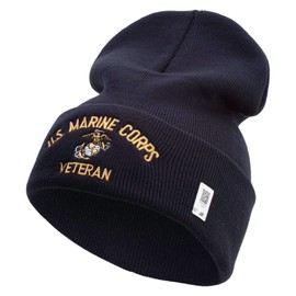 US Marine Corps Veteran Logo Embroidered 12 Inch Solid Knit Cuff Long Beanie Made in USA - Navy OSFM