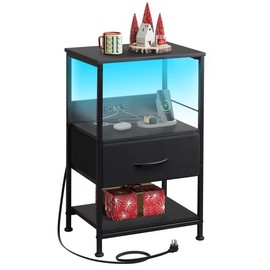 WLIVE Night Stand with Charging Station, LED Nightstand with Adjustable Fabric Drawer, 3-Tier Storage Bedside Table, Furniture Organization - Color: Rustic Brown Wood Grain Print