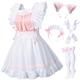 Classic French Maid Costume Apron Fancy Dress Cosplay Outfit Headwear Gloves Socks Set(PK L)