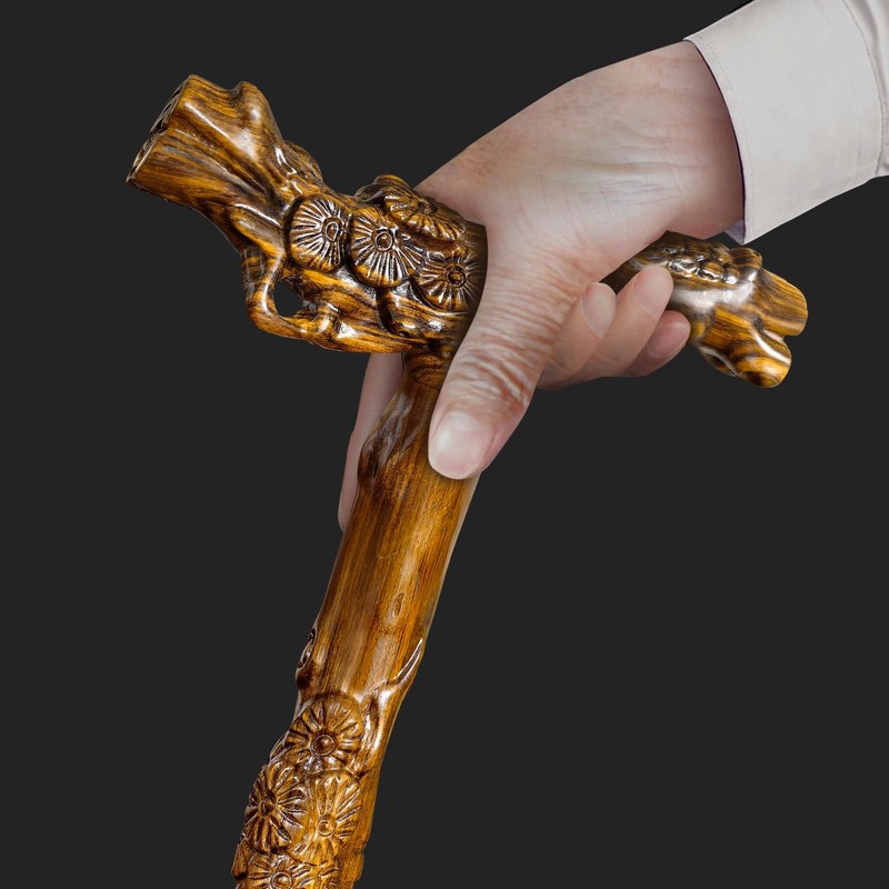 Wooden Walking Cane, Hand-Carved Wood Walking Cane for Men and