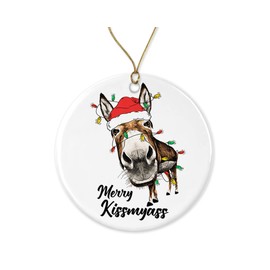 OystersPearl Merry Kiss My Ass Funny Donkey Porcelain Holiday Christmas Tree Ornament - Donkey Christmas Ornament - Donkey Santa Ornament Printed on Both Sides, Gold,red