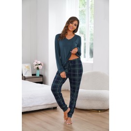 Vlazom Pyjamas Set for Women, Soft Two Pieces Pj's Sets Long Sleeve Tops and Plaid Pants Sleepwear with Pockets Drawstring Turquoise,XXL