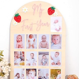 Strawberry My First Year Photo Board - One Year Old Photo Display Wood Board, sweet one Monthly Milestone Photo Board, Strawberry 1st Birthday Decoration, 12 Months Photo Display Frame (pink words)