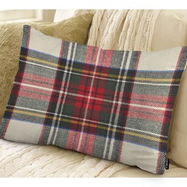EKOBLA Plaid Lumbar Pillow Covers Scottish Tartan Red and White Pattern Symmetric Decorative Pillows Case Home Waist Lumbar Cotton Linen Pillowcases Oblong Rectangle 12x20 Inches