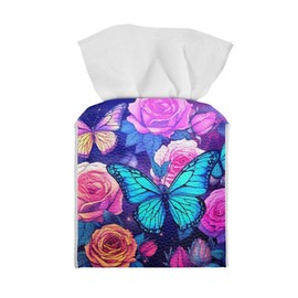 Showudesigns Butterfly Flower Square Tissue Box Cover Pu Leather Tissue Box Holder With Bottom Belt Tissue Box Covers Cube Napkin Organizer Dispenser for Night Stands Dresser Decor Purple