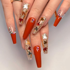 Fall Press on Nails Long Coffin Fake Nails Maple Leaves False Nails Designs Autumn Thanksgiving Maple Leaf with Nail Rhinestones Artificial on Nails Acrylic Stick on Nails for Holiday Nails