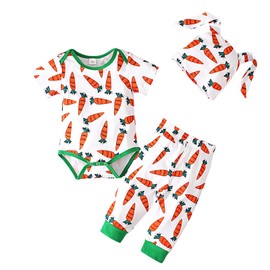 My 1st Easter Baby Boy Girl Outfit Newborn Baby Bunny Romper Bodysuit Rabbit Pant Hat Headband Infant 3Pcs Clothes Set(Carrot,12-18M)