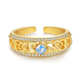 KINGWHYTE March Aquamarine Birthstone Rings 925 Sterling Silver Celtic Rings for Women Engagement Rings Gold Adjustable Finger Ring Jewellry Birthday Gifts for Women Girls