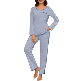 Namatime Womens Cotton Pajama Sets 2 Piece Lounge Set Stripe Long Sleeve Comfy Pj Set Fall Loungewear Sleepwear with Pockets Soft Maternity Postpartum Pajamas 2024 Blue M