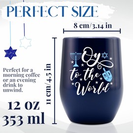 Onebttl Hanukkah Gifts Wine Tumbler for Women Men, Hannukah Gifts 12oz Stainless Steel Coffee Cup with Lids, Gift for Chanukah Jewish Holiday for Friends, Coworkers - Oy To The World Blue