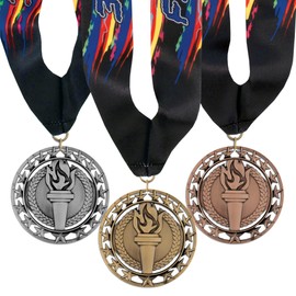 Hodges Badge Company Victory Torch Gold, Silver, and Bronze Medals with 1st, 2nd and 3rd Place Neck Ribbons- Made of Metal- Sold in 3 Count Variety Pack (3)