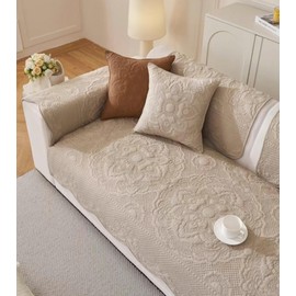 Huierxun Luxury Vintage Cotton Embroidery Sofa Cover Soft Farmhouse Seat Cushion Cover Floral Quilted Sectional Couch Cover Anti-Slip Sofa Slipcovers Furniture Protector for Dogs Cats (Khaki,36"x36")