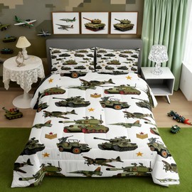 Manfei War Theme Comforter Set Full Size, Aircraft Tanks Bedding Set 3pcs for Kids Boys Bedroom Decor, Retro Army Green Airplane Tanks Down Comforter Soft Polyester Quilt Set with 2 Pillowcases
