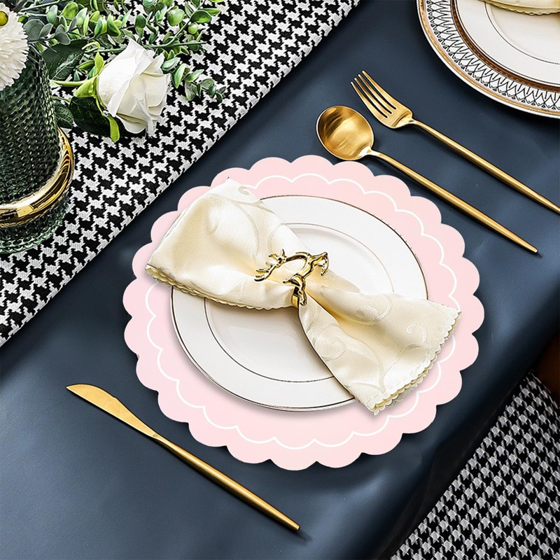 50pcs Pink Disposable Paper Placemats – Scalloped Round Table Place