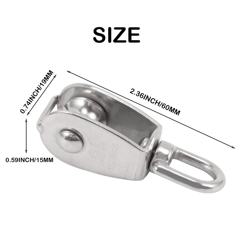 HARLUE 4PCS Single Pulley Block M15 Stainless Steel Small Pulley