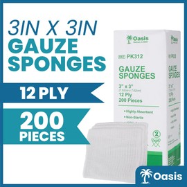 Oasis Gauze Sponges, 100% Cotton, Woven Non-Sterile Gauze (Pack of 200) (3"x3", 12-Ply)