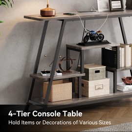 BedsPick 47.3" Console Table with Outlet, Entryway Table with 4-Tier Storage Shelves, Narrow Sofa Table with Charging Station, Couch Table Behind Sofa for Entryway, Hallway, Living Room, Grey