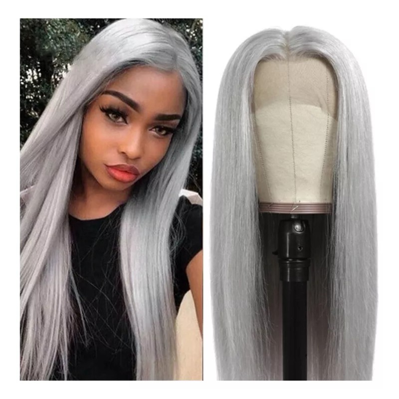 Yuya Lee Peluca Larga Recta Gris Plata Mujer T