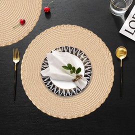 XQIGI Braided Placemats Round Set of 6, Washable Non-Slip Table Mats 14 Inch, Woven Heat Resistant Polyester for Kitchen Dining Table Decor (6, Beige)