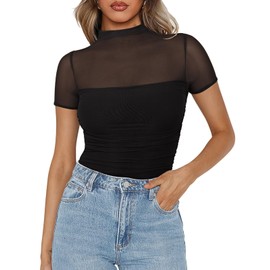 PINKMSTYLE Mesh Short Sleeve Bodysuit for Women Date Night Outfits Going Out Tops Black Medium