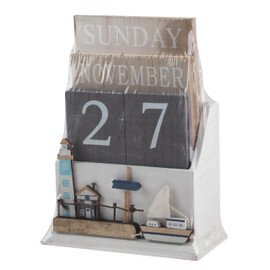 SiL Interiors Nautical Wooden Perpetual Calendar Desk Top Eternal Calendar Block - Boat