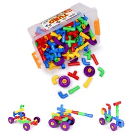 Play Build Building Toys for Kids, 128 Piece Construction Blocks for Kids, Tubular Spout Constructor STEM Toy for Toddlers Ages 4+