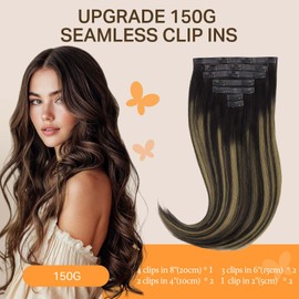 DOORES Real Hair Extensions Clip, Natural Black to Chestnut Brown, 9 Pieces 14inch 130 g, Clip-In Real Hair Extensions