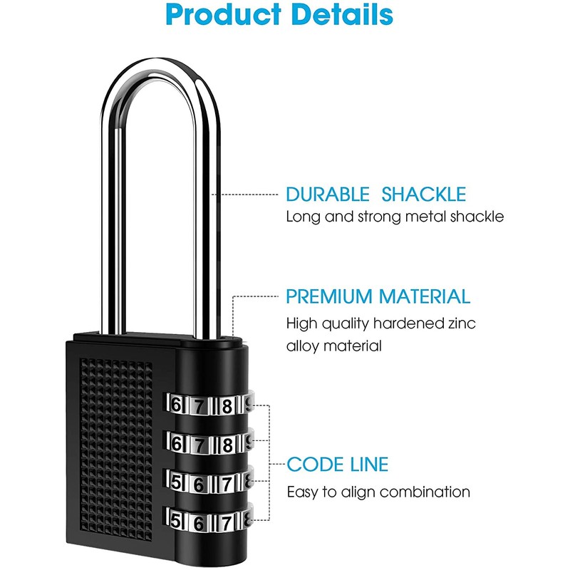 Combination Lock 4 Digit Padlock with Long Shackle for School